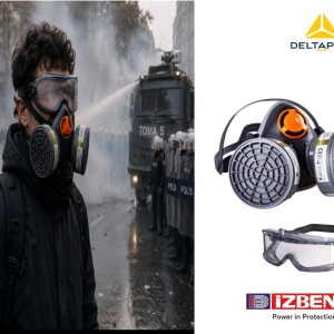 Delta Plus Biber Gazı Duman Ve Sis İçin R D A2 Filtreli Gaz Maskesi Ve Darbe Önleyici Kapalı Gözlük Set